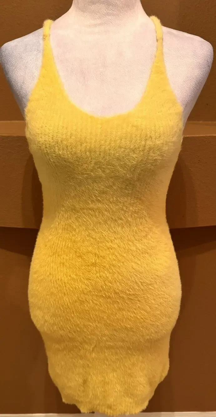 For Love & Lemons Knit Midi Dress Yellow Ribbed Bodycon Size XS